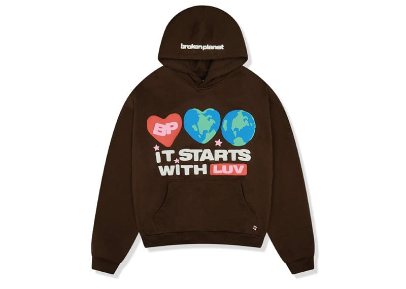 BROKEN PLANET IT STARTS WITH LUV HOODIE MOCHA BROWN